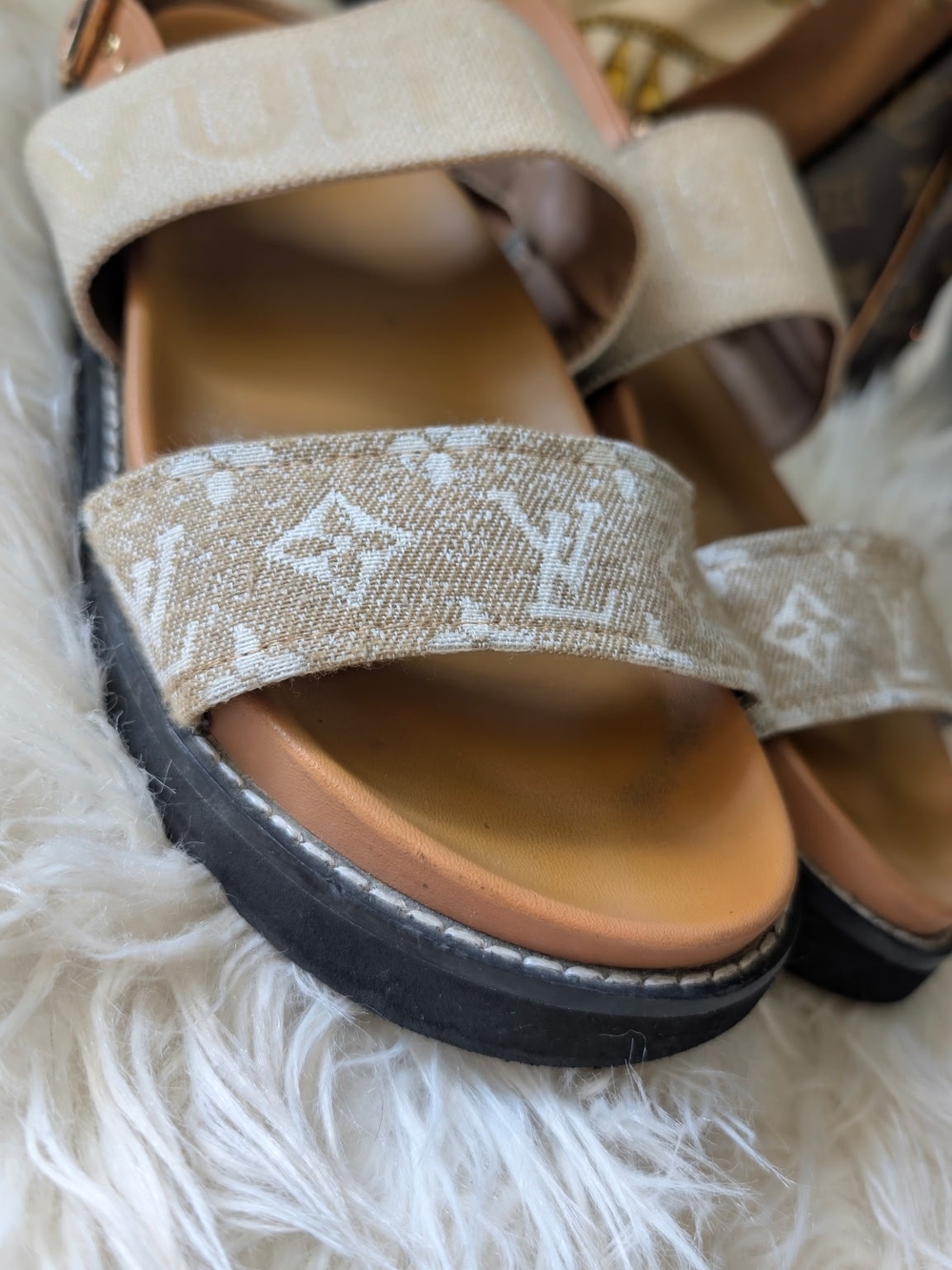 Louis Vuitton Beige Monogram Platform Sandals - Women AUTHENTIC
